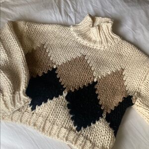 Cozy Cream and Brown Argyle Sweater